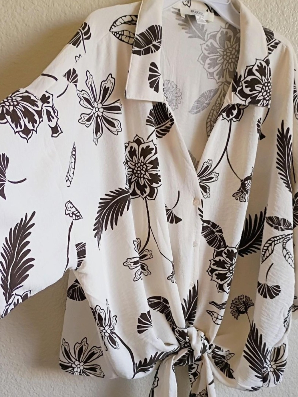 Floral Tie-Front Button-Up Blouse - White with Black Print